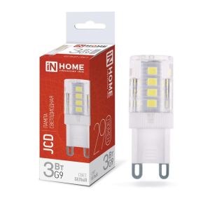 Лампа светодиодная LED-JCD 3Вт капсульная прозрачная 4000К нейтр. бел. G9 290лм 230В IN HOME 4690612036267